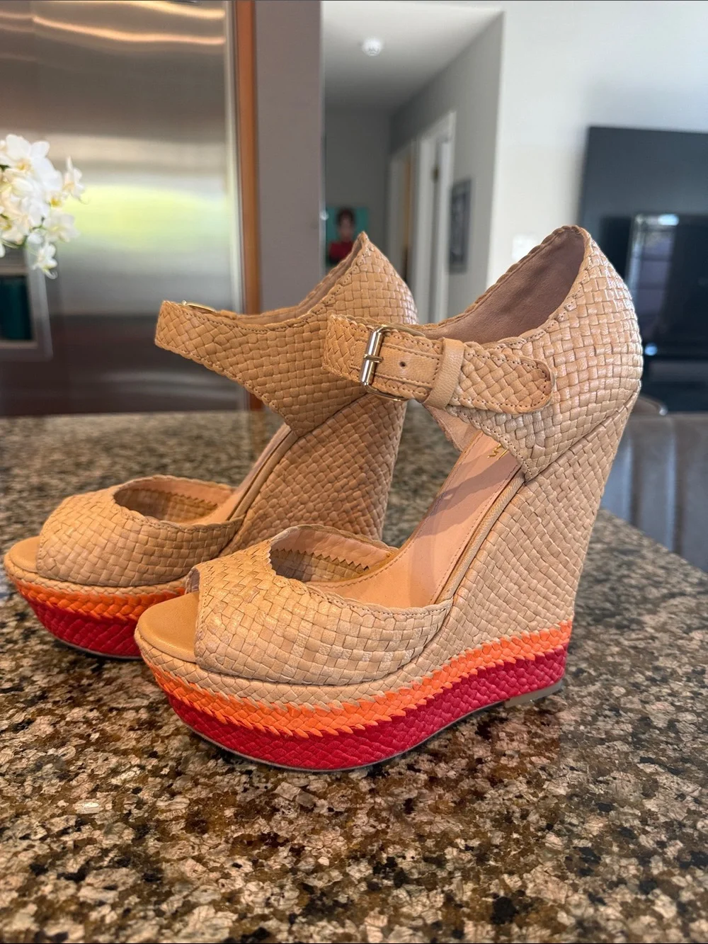 Tan Woven Platform Wedge Sandals with Red & Orange Accent